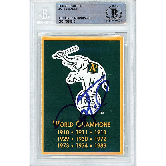 Jason Giambi Signed Oakland A's 1995 Pocket Schedule Beckett BAS Autograph Slab - Picture 1 of 4